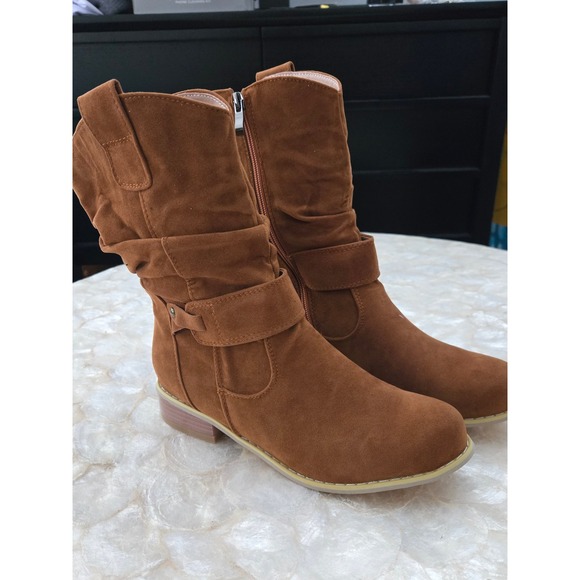 Womens Brown Slouch Boots with Buckle Accent and Side Zipper - Picture 1 of 4